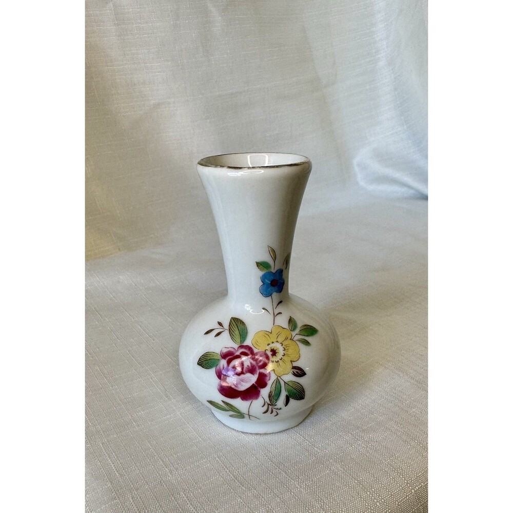 Small Decorative China Vase VTG Floral Design Hand Painted Gold Trim